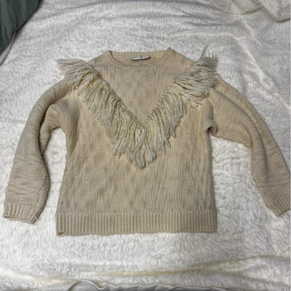 Trina Turk Beige V-Neck Sweater with Fringe